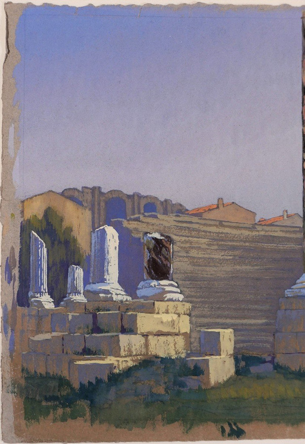 François-Etienne LAHAYE (1878-1949) Arles, ancient theater, daylight effect, drawing, circa 1920