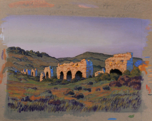 François-Etienne LAHAYE (1878-1949) Provenza, Acquedotto romano (Barbegal?), disegno, 1920 circa