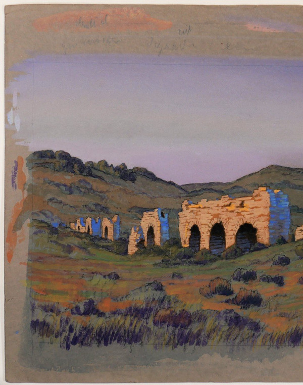 François-Etienne LAHAYE (1878-1949) Provenza, Acquedotto romano (Barbegal?), disegno, 1920 circa