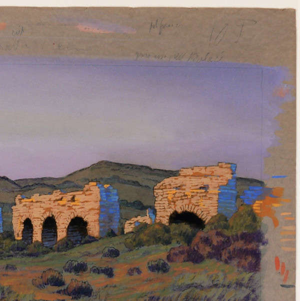 François-Etienne LAHAYE (1878-1949) Provenza, Acquedotto romano (Barbegal?), disegno, 1920 circa