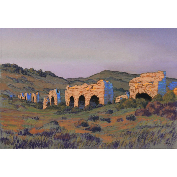 François-Etienne LAHAYE (1878-1949) Provenza, Acquedotto romano (Barbegal?), disegno, 1920 circa