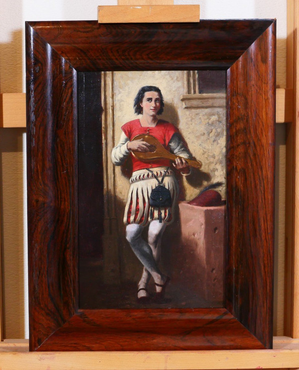 Ecole troubadour circa 1850, le joueur de mandoline, tableau