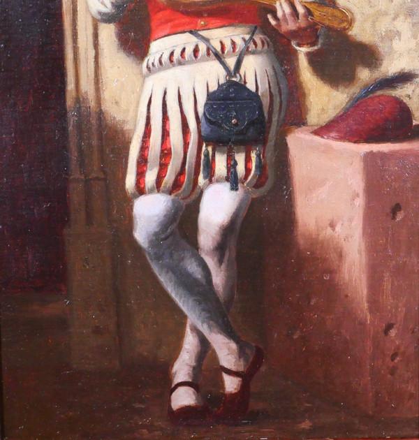 Ecole troubadour circa 1850, le joueur de mandoline, tableau
