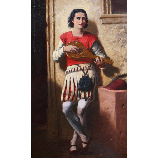 Ecole troubadour circa 1850, le joueur de mandoline, tableau
