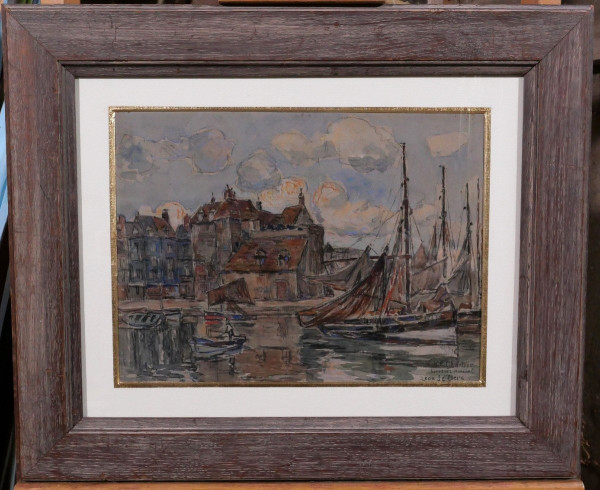 Léon LECLERC 1866-1930 Honfleur, view of the port and the Lieutenancy, watercolor