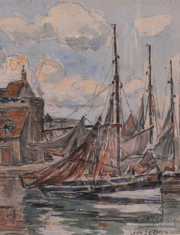 Léon LECLERC 1866-1930 Honfleur, view of the port and the Lieutenancy, watercolor