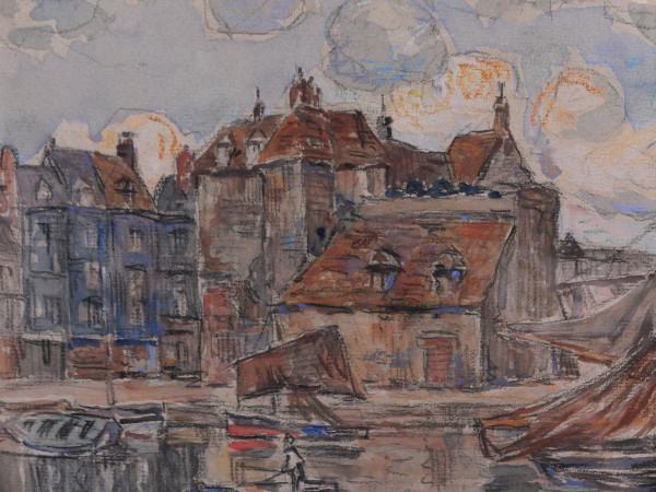 Léon LECLERC 1866-1930 Honfleur, view of the port and the Lieutenancy, watercolor
