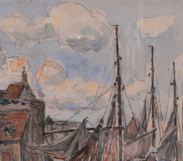 Léon LECLERC 1866-1930 Honfleur, view of the port and the Lieutenancy, watercolor