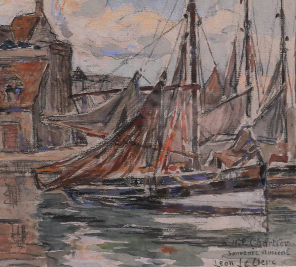 Léon LECLERC 1866-1930 Honfleur, view of the port and the Lieutenancy, watercolor