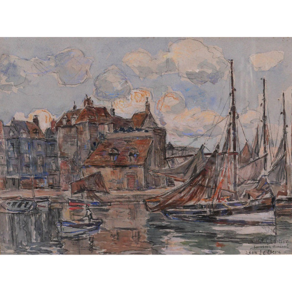 Léon LECLERC 1866-1930 Honfleur, view of the port and the Lieutenancy, watercolor