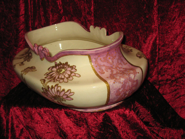 Enamelled earthenware planter with floral decoration of peonies Art Nouveau period 19th
