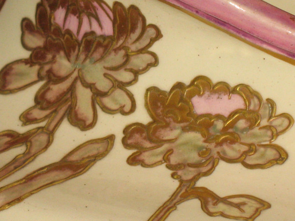 Enamelled earthenware planter with floral decoration of peonies Art Nouveau period 19th