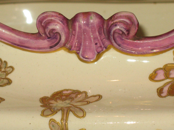 Enamelled earthenware planter with floral decoration of peonies Art Nouveau period 19th
