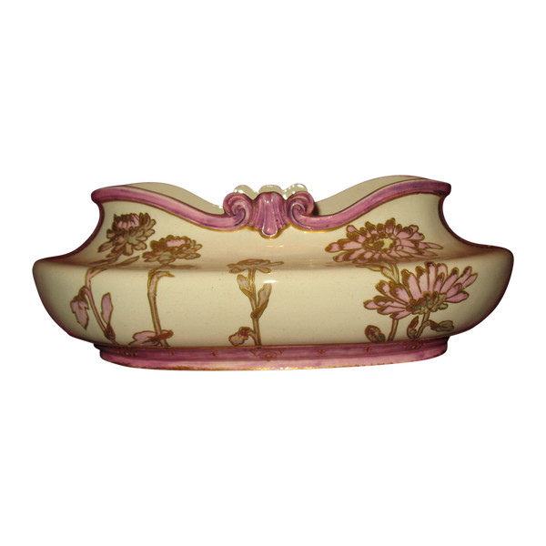 Enamelled earthenware planter with floral decoration of peonies Art Nouveau period 19th
