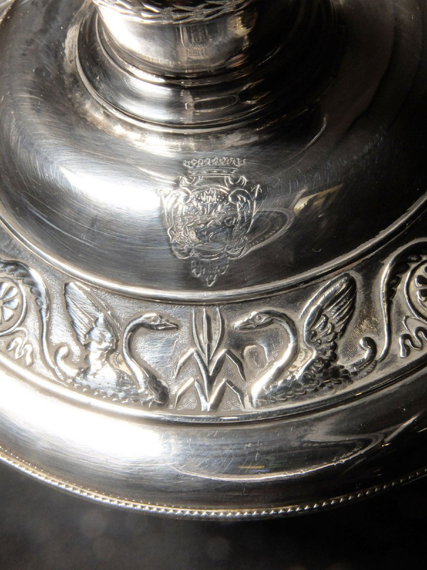 Pair of candlesticks in solid silver, with the count's coat of arms, by Denis Garreau