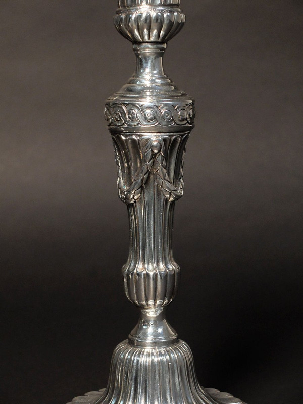 Coppia di candelieri in bronzo argentato epoca Luigi XVI