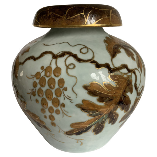 Camille Tharaud Vase, Enameled Limoges Porcelain, Amaranth Model With Vine Branches