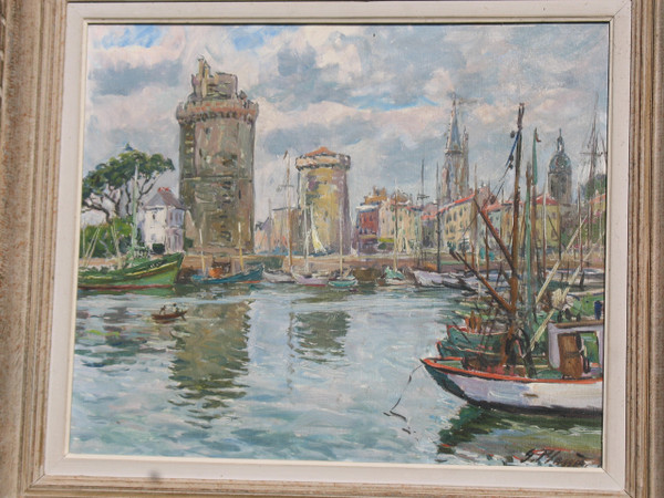 Vue du port de La Rochelle Huile sur toile encadrée et signée de Georges Planès