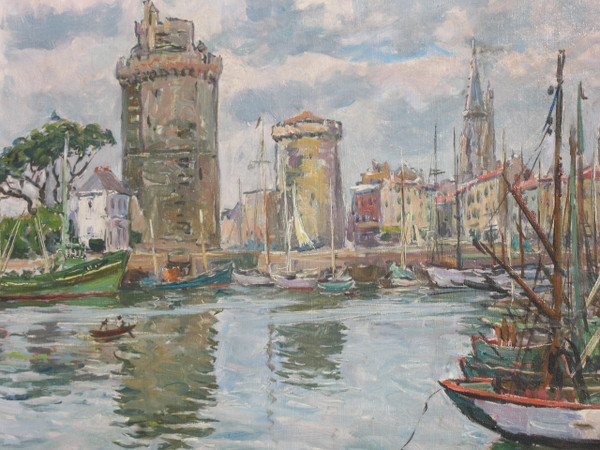 Vue du port de La Rochelle Huile sur toile encadrée et signée de Georges Planès