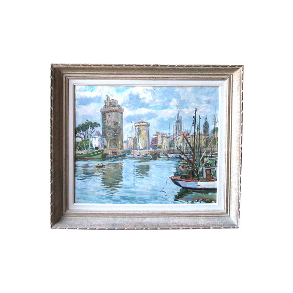 Vue du port de La Rochelle Huile sur toile encadrée et signée de Georges Planès