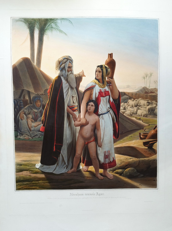 Große orientalische Aquarellgravur Abraham kehrt Hagar nach Horace Vernet 19. zurück