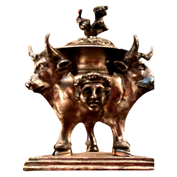 Perfume burner in the antique image of a cup with three bulls in silvered bronze 19th century