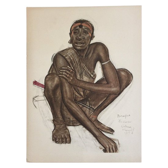African man crouching. Lithograph by A. Iacovleff.
