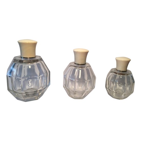Three Art Deco Bottles. Crystal and Ivory.
