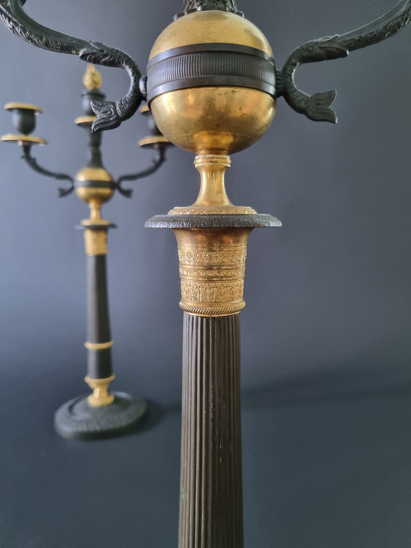 Paire De Candélabres en bronze doré et patiné d'époque Restauration. 