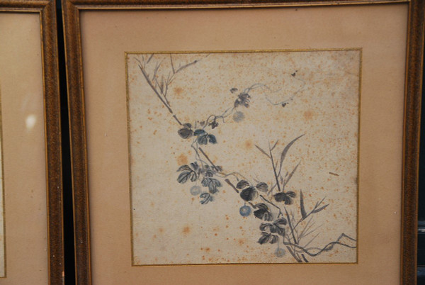 Deck, Paar Aquarellbilder Japan Blumen Und Falke