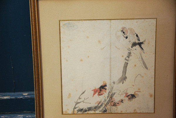 Deck, Paar Aquarellbilder Japan Blumen Und Falke