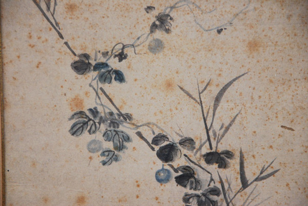 Deck, Paar Aquarellbilder Japan Blumen Und Falke