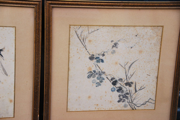 Deck, Paar Aquarellbilder Japan Blumen Und Falke
