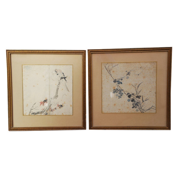 Deck, Paar Aquarellbilder Japan Blumen Und Falke