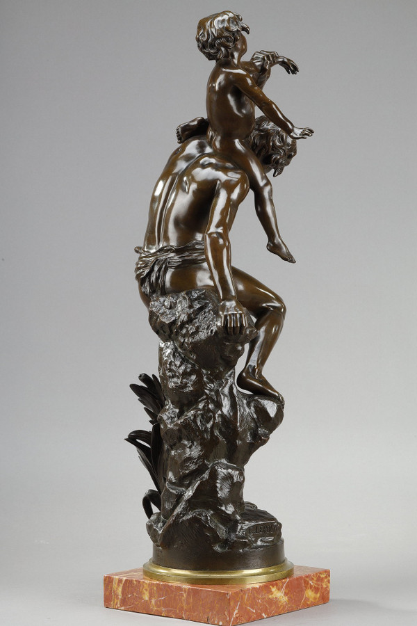 Bronzo con patina marrone raffigurante un Uomo che porta un bambino sulla schiena, di Gaston Leroux (1854-1942)
