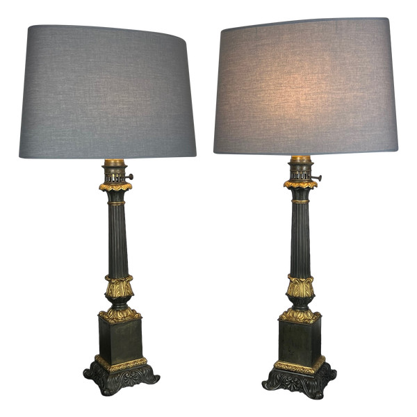 PAIR OF CARCEL RESTORATION PERIOD LAMPS IN STEEL AND CHISELED AND GILT BRONZE