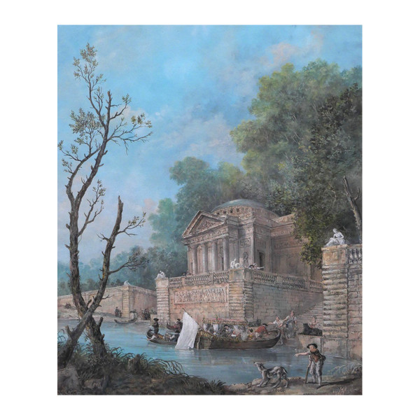 French school circa 1780-90 Animated landscape, drawing, monogrammed