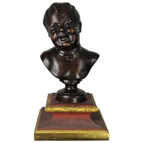 SCULTURA / Busto in legno scolpito del XIX secolo di PUTTI (ANGE RIEUR) alto 40 CM