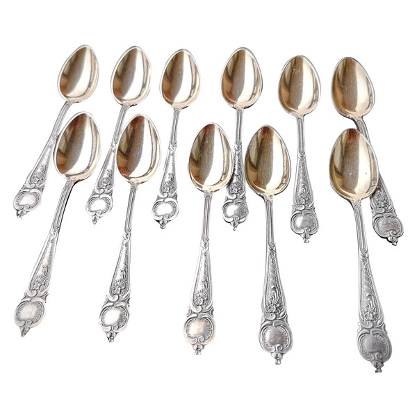 11 ravissantes cuillères à espresso/moka en argent massif et vermeil 925
