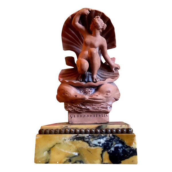 Venere con conchiglia circondata da delfini in terracotta del primo Novecento su base in marmo toscano perlato