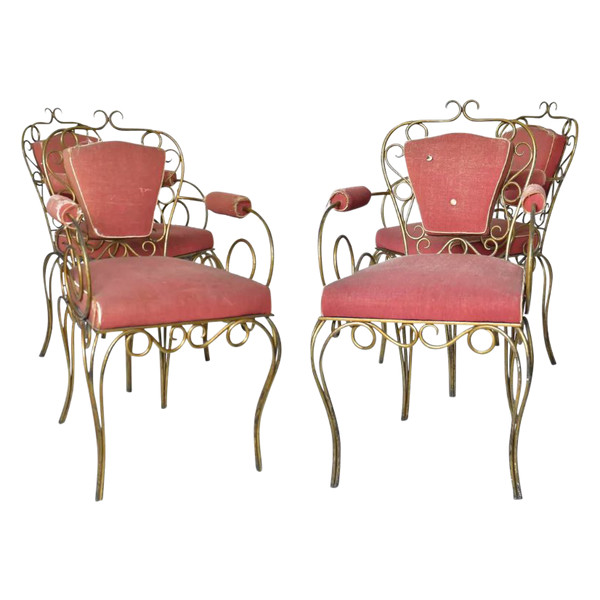 Attributed to René DROUET (1899 - 1993) 4 gilded wrought-iron chairs