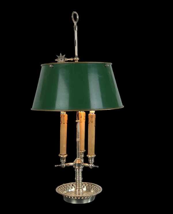 ANTIKE WÄRMFLASCHENLAMPE AUS VERSILBERTER BRONZE MIT BLECHSCHIRM