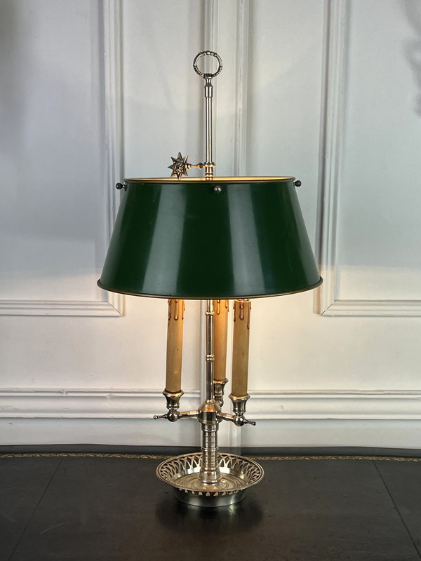 ANTIKE WÄRMFLASCHENLAMPE AUS VERSILBERTER BRONZE MIT BLECHSCHIRM