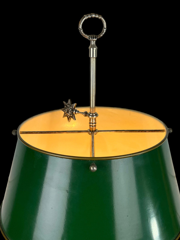 ANTIKE WÄRMFLASCHENLAMPE AUS VERSILBERTER BRONZE MIT BLECHSCHIRM