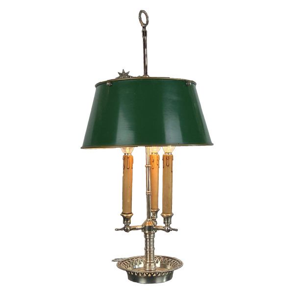 ANTIKE WÄRMFLASCHENLAMPE AUS VERSILBERTER BRONZE MIT BLECHSCHIRM