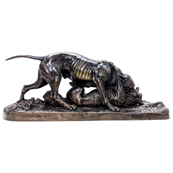 Tierische Bronze Von Pierre-jules Mène Hund Und Fuchs