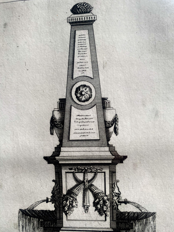 Projet gravé de Fontaine Louis XVI à l'obélisque d'après un dessin de J.Heberl gravé par Péquégnot fin XVIIIème