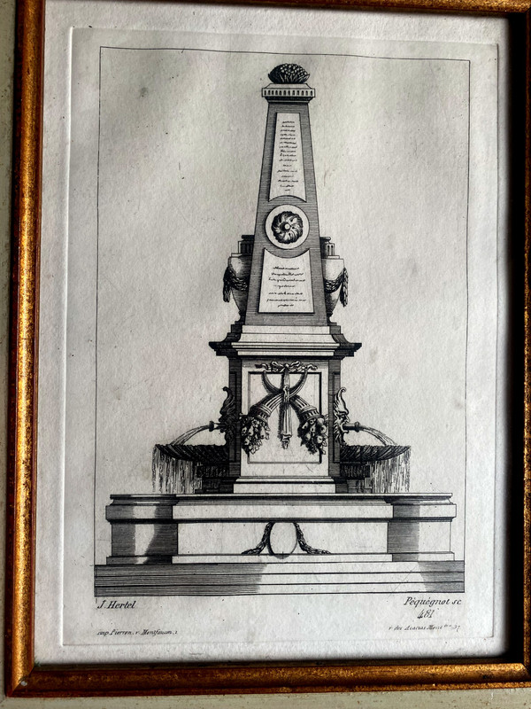 Projet gravé de Fontaine Louis XVI à l'obélisque d'après un dessin de J.Heberl gravé par Péquégnot fin XVIIIème