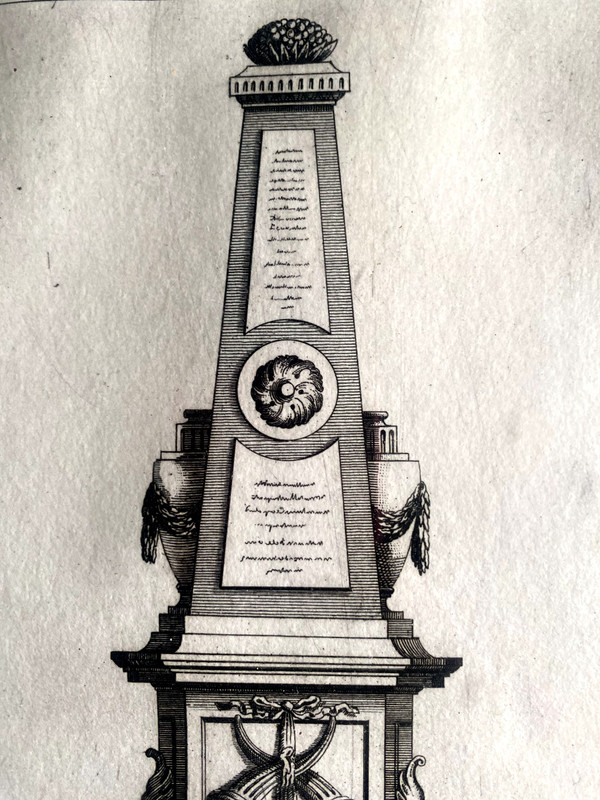 Projet gravé de Fontaine Louis XVI à l'obélisque d'après un dessin de J.Heberl gravé par Péquégnot fin XVIIIème