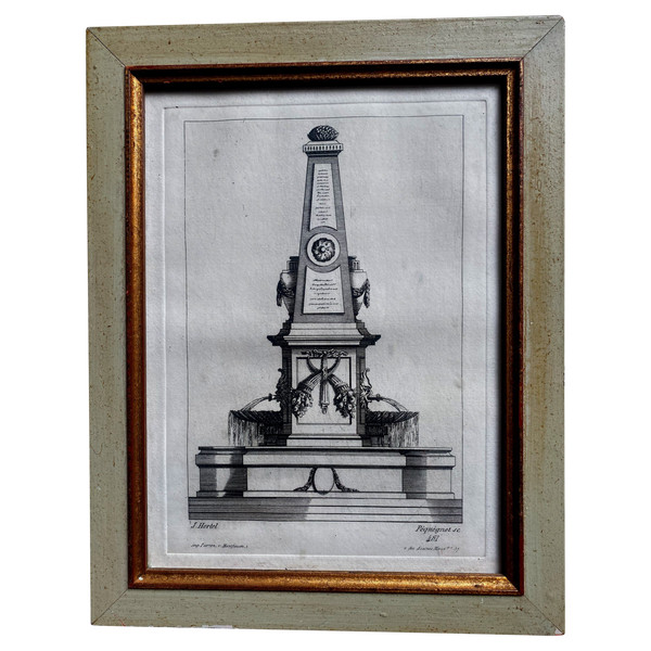 Projet gravé de Fontaine Louis XVI à l'obélisque d'après un dessin de J.Heberl gravé par Péquégnot fin XVIIIème